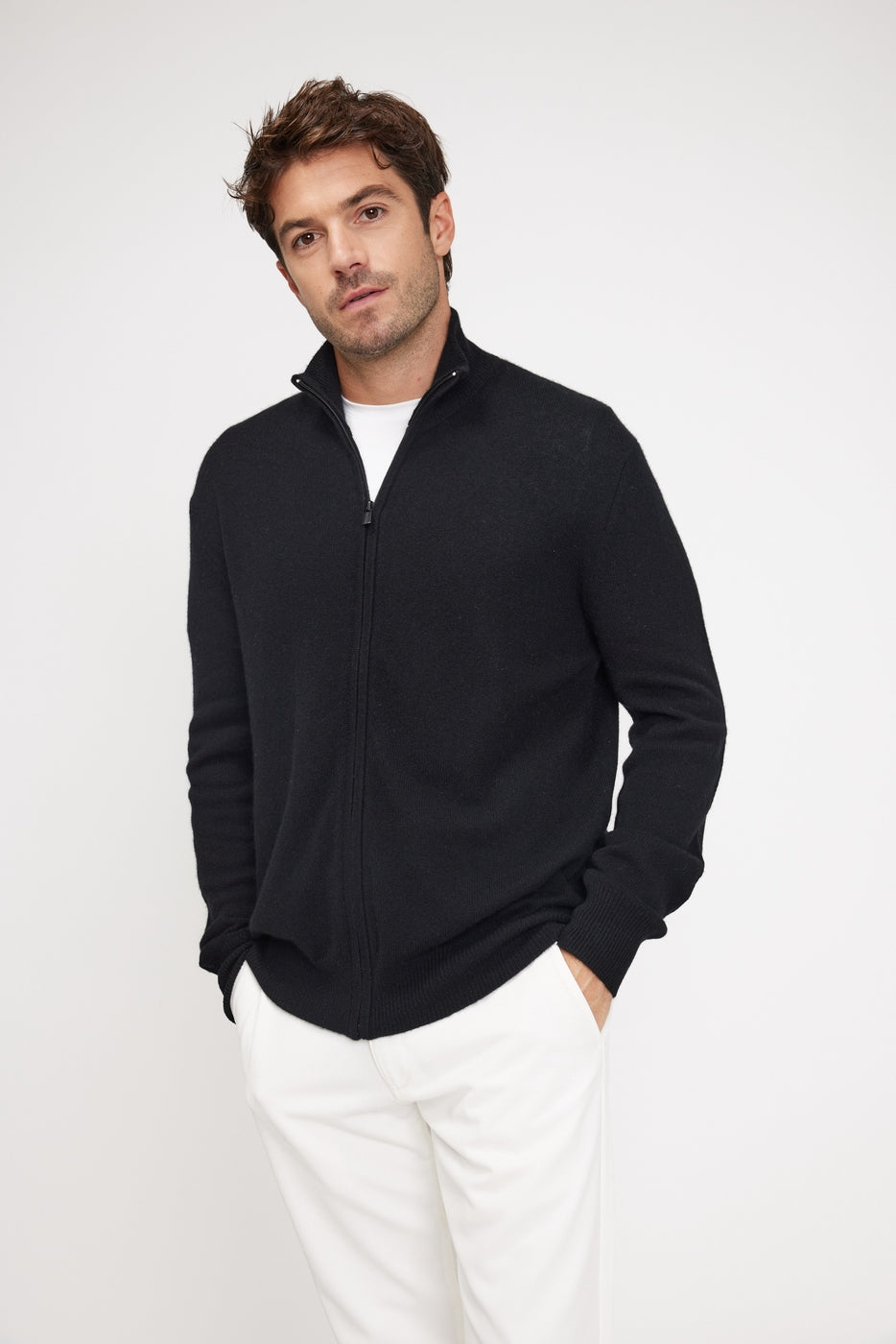Zamil Zip-Up High-Neck Cardigan - Black