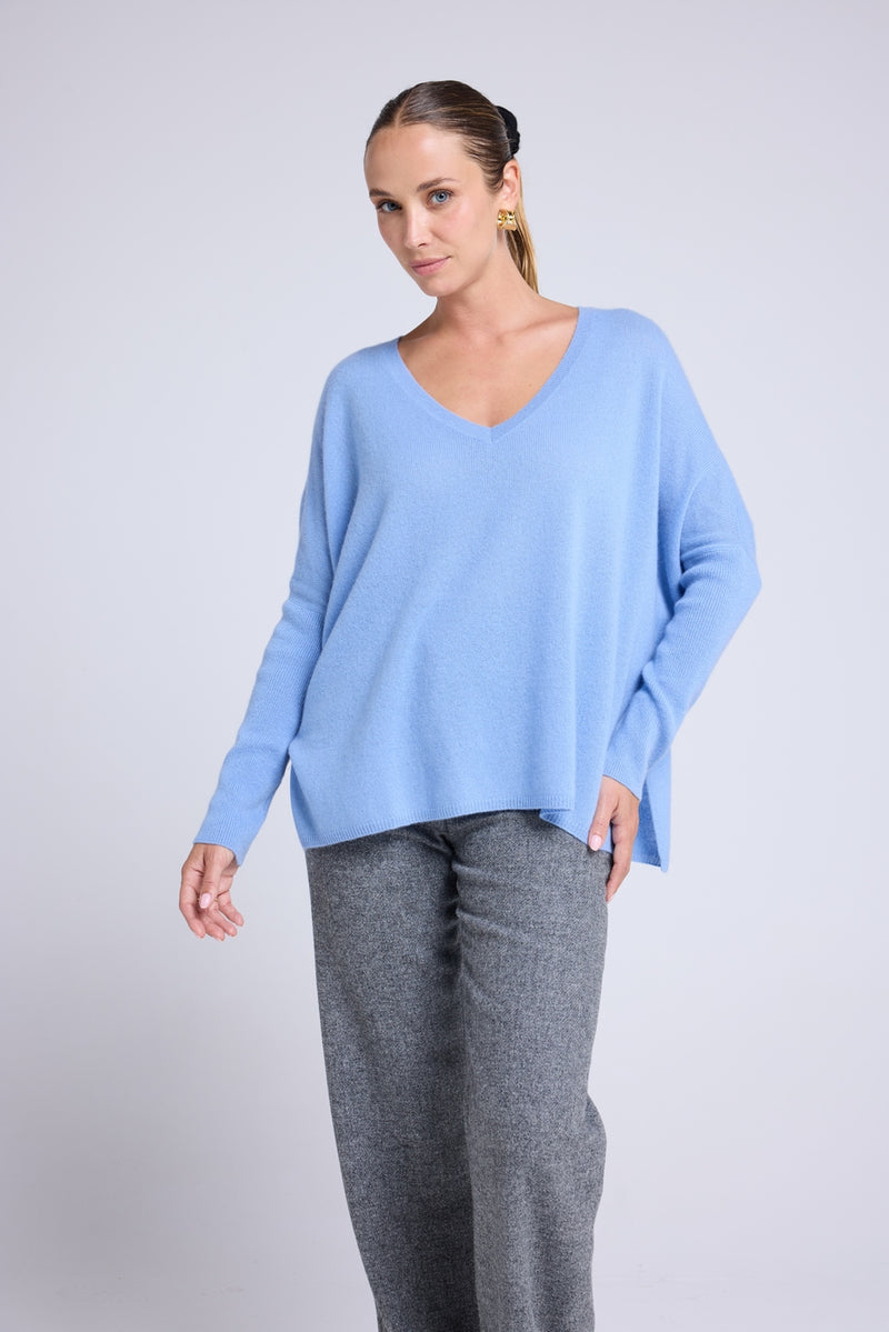 Pull Col V Poncho Zancha - Bleu Ciel