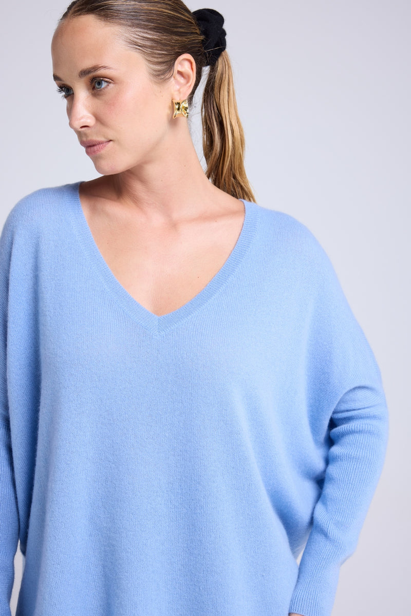 Pull Col V Poncho Zancha - Bleu Ciel