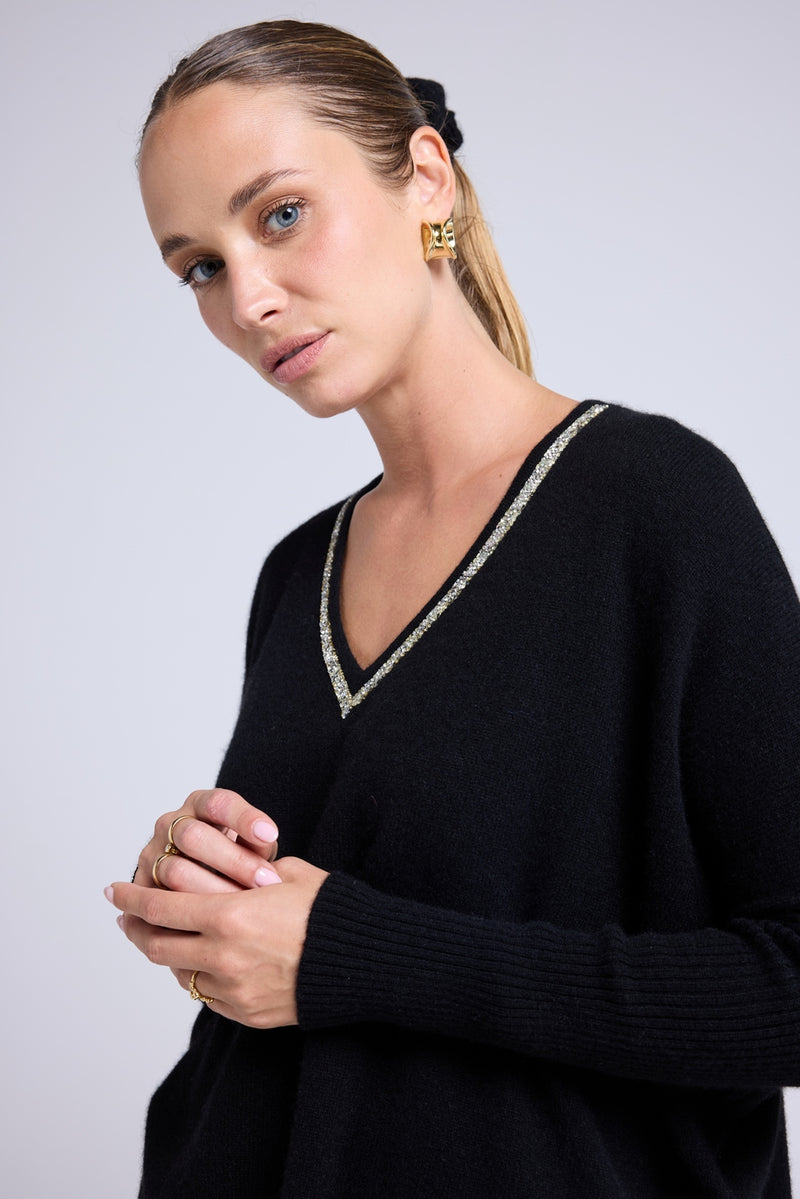 Pull Col V Strass Poncho Zancha - Noir Strass