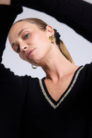 Pull Col V Strass Poncho Zancha - Noir Strass