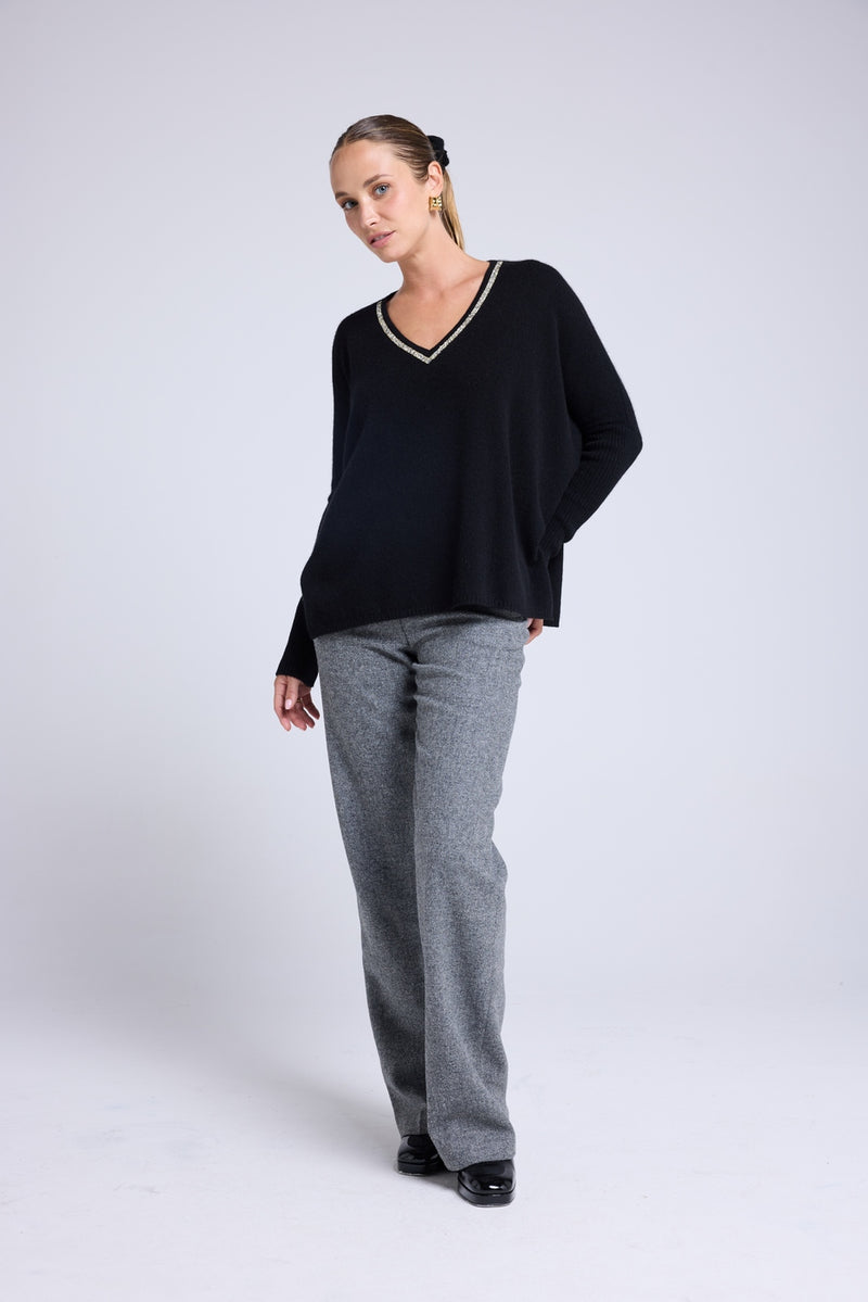 Pull Col V Strass Poncho Zancha - Noir Strass