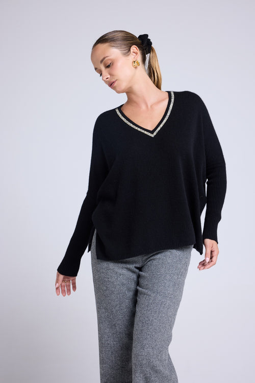 Pull Col V Strass Poncho Zancha - Noir Strass