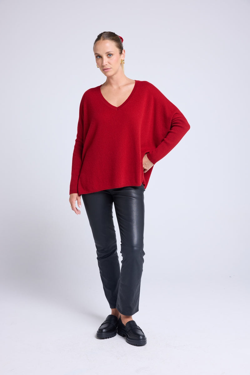 Pull Col V Poncho Zancha - Rouge Bordeau