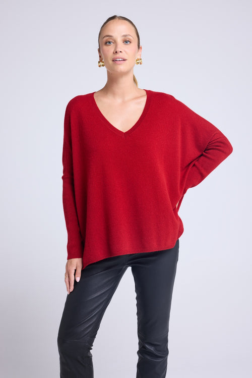Pull Col V Poncho Zancha - Rouge Bordeau