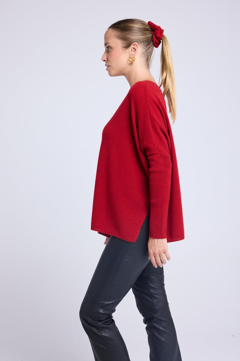 Pull Col V Poncho Zancha - Rouge Bordeau