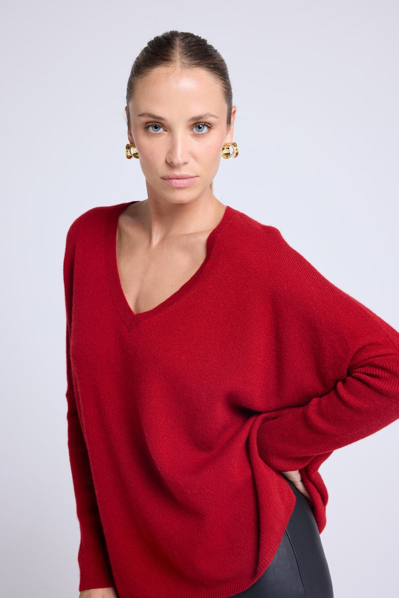 Pull Col V Poncho Zancha - Rouge Bordeau