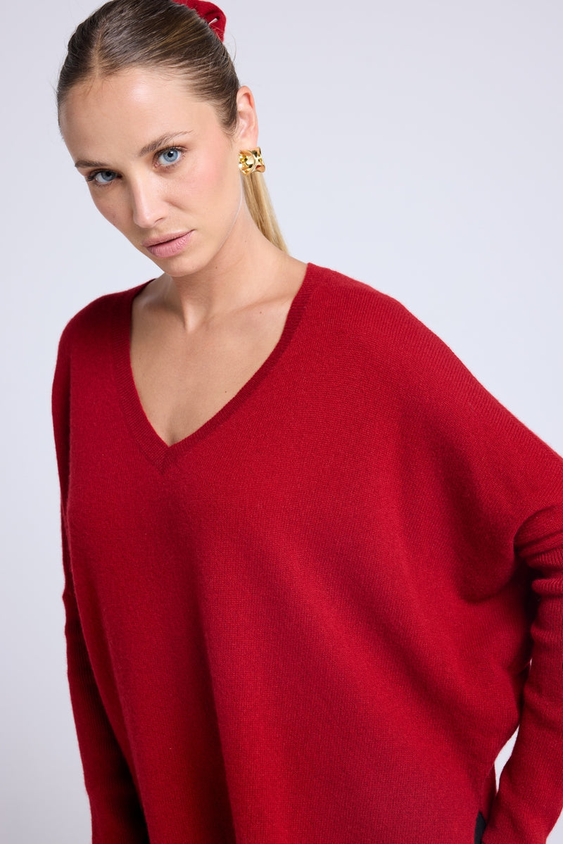 Pull Col V Poncho Zancha - Rouge Bordeau