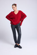 Pull Col V Poncho Zancha - Rouge Bordeau