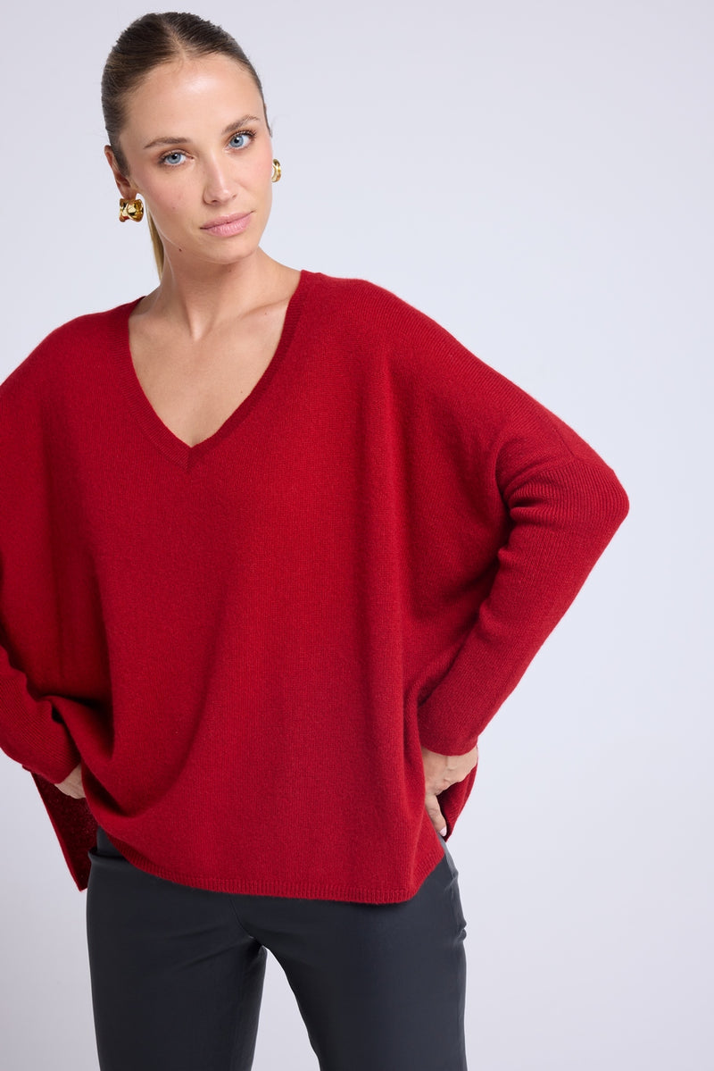 Pull Col V Poncho Zancha - Rouge Bordeau