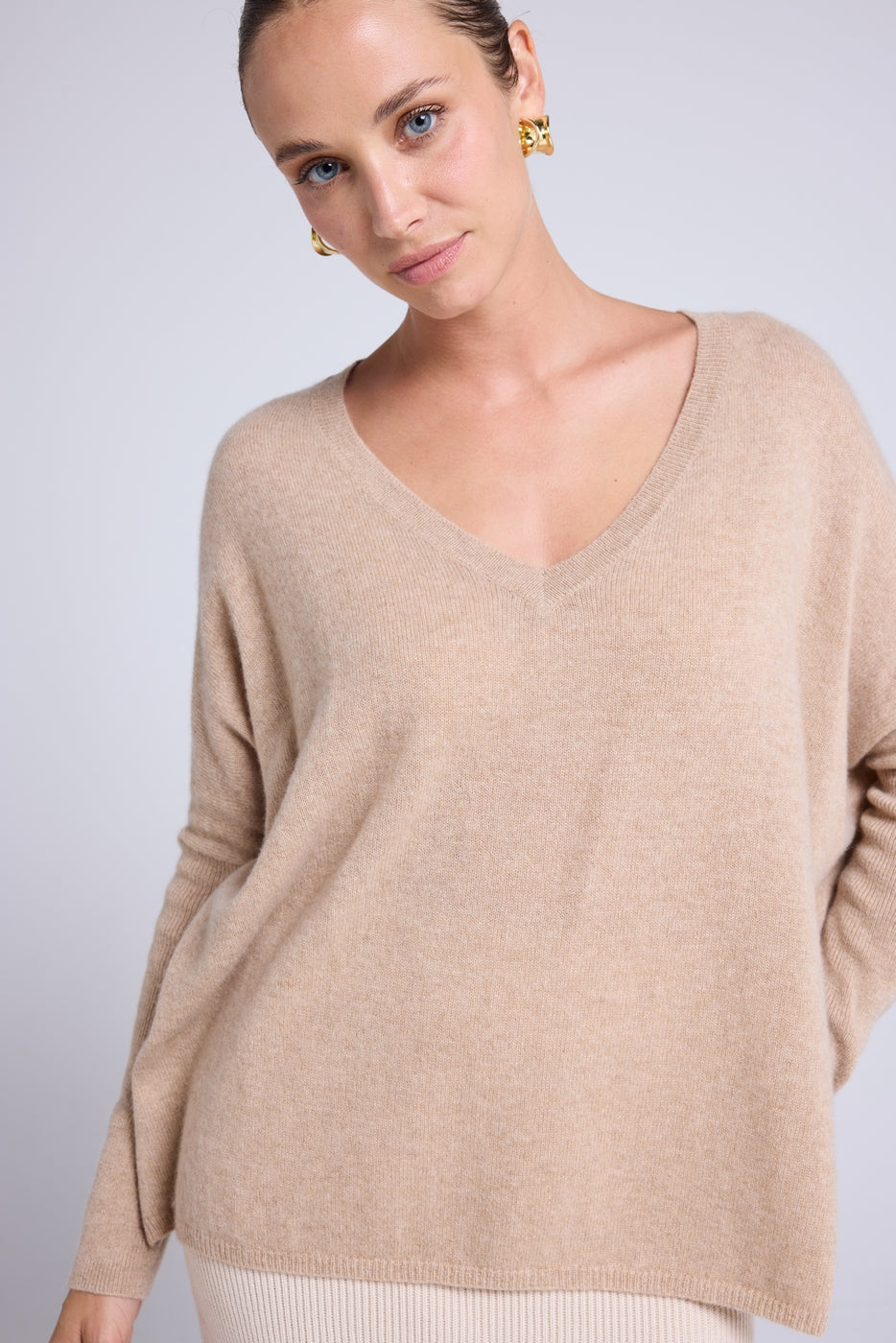Maglione Scollo a V Poncho Zancha - Beige Crema
