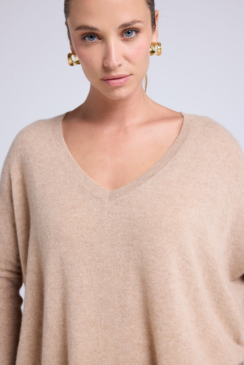 Pull Col V Poncho Zancha - Beige Crème