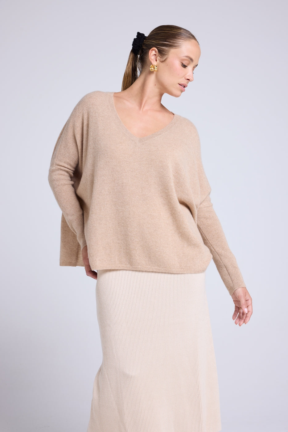 Maglione Scollo a V Poncho Zancha - Beige Crema