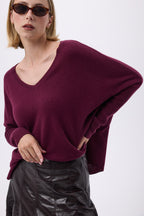 Pull Col V Poncho F Zancha - Lie De Vin - Femme
