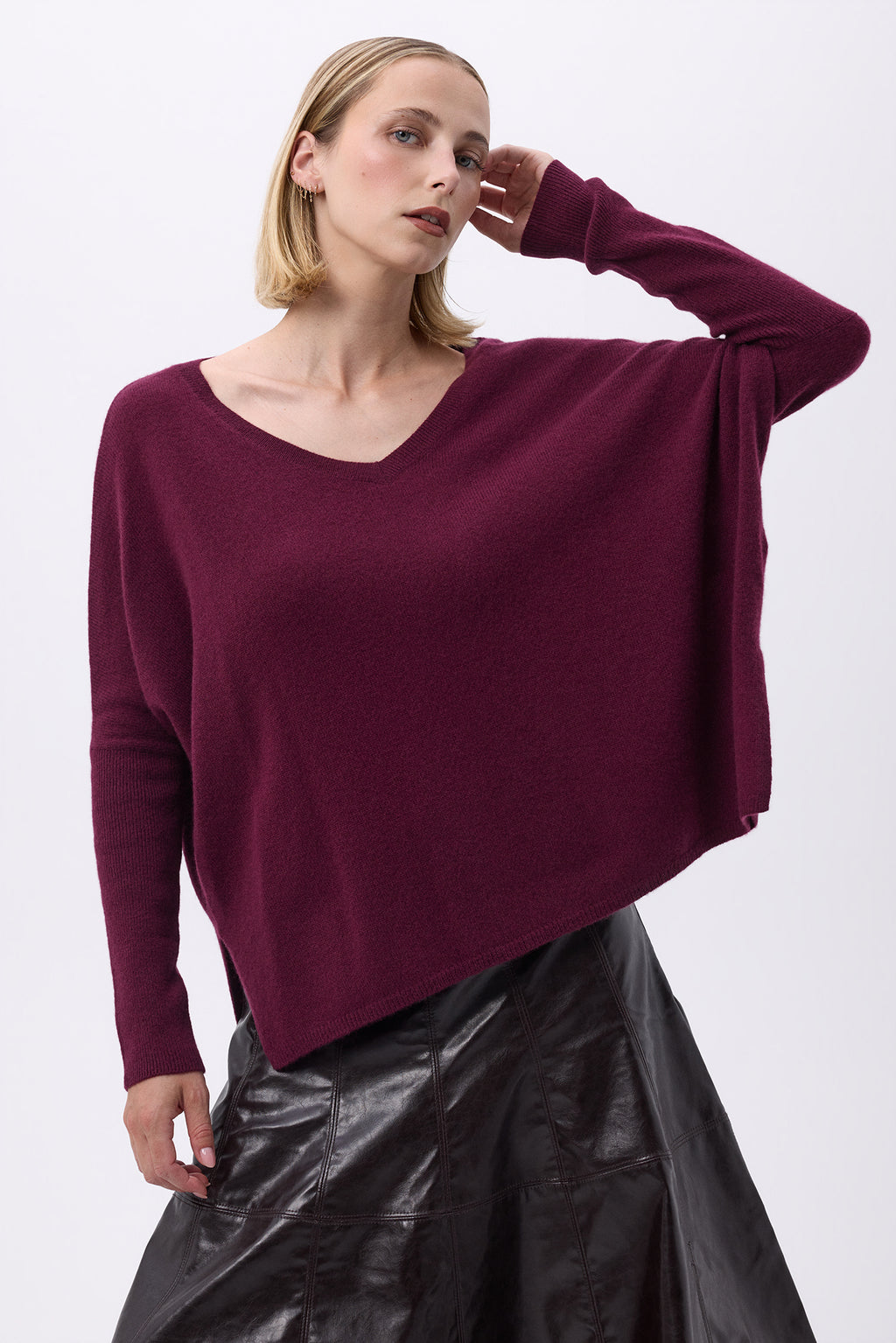 Pull Col V Poncho F Zancha - Lie De Vin - Femme