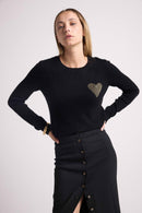 Pull Col Rond Love Heritage Zaphira - Noir Et Cœur Dore - 100% Cachemire Oeko-Tex - Femme