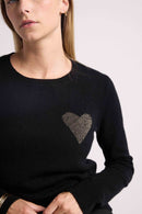 Pull Col Rond Love Heritage Zaphira - Noir Et Cœur Dore - 100% Cachemire Oeko-Tex - Femme