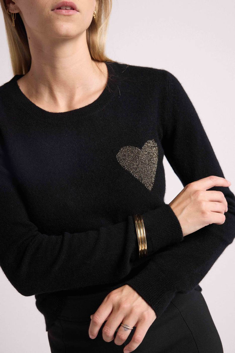 Pull Col Rond Love Heritage Zaphira - Noir Et Cœur Dore - 100% Cachemire Oeko-Tex - Femme