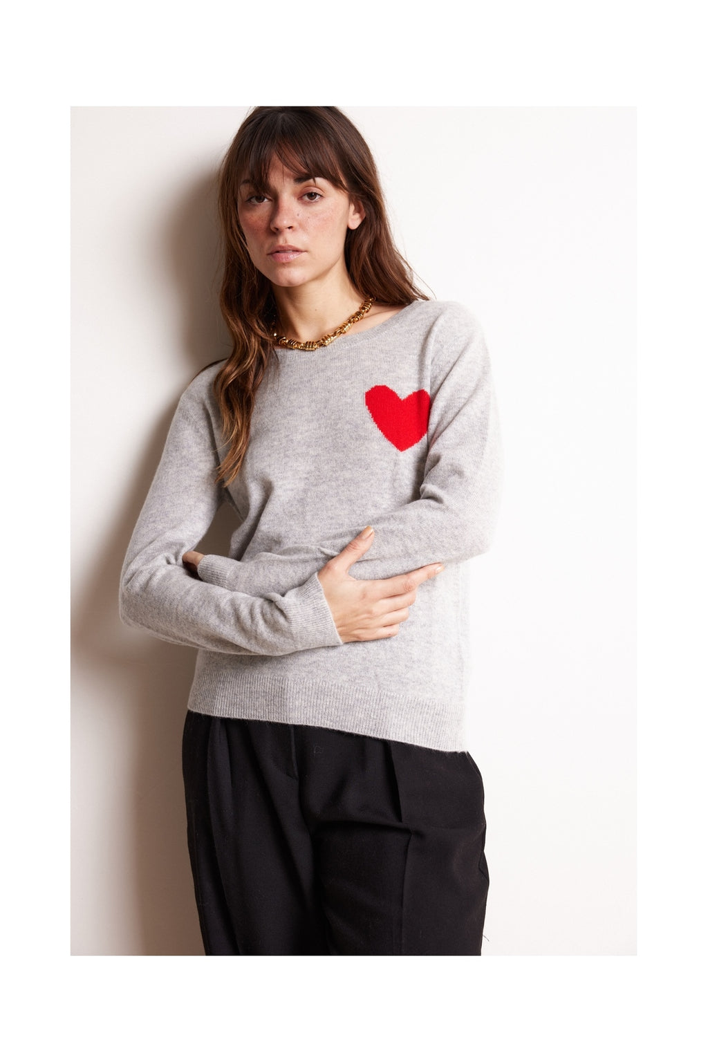 Pull Col Rond Love Heritage Zaphira - Gris Clair Rouge