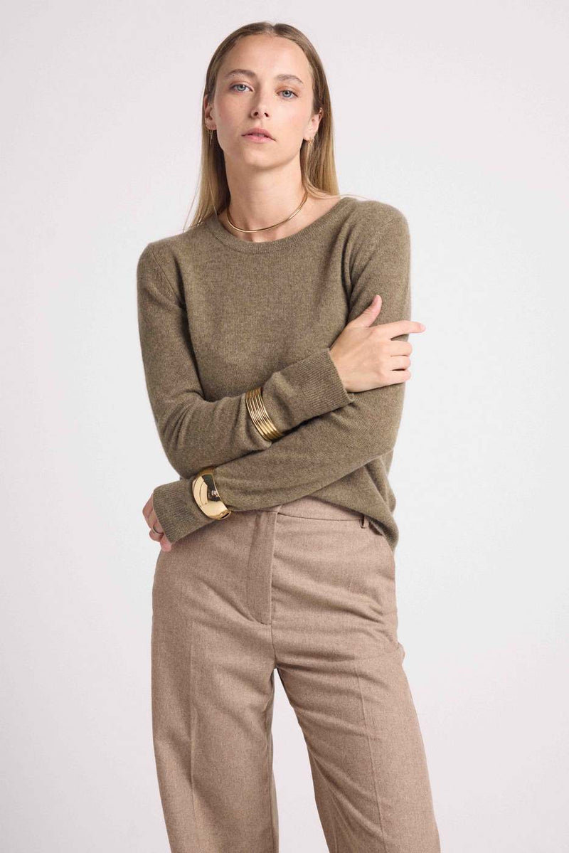 Zara Round Neck Sweater - Khaki - 100% Cashmere Oeko-Tex - Woman