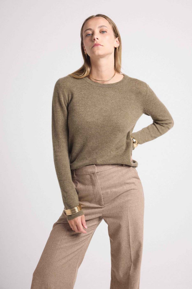 Zara Round Neck Sweater - Khaki - 100% Cashmere Oeko-Tex - Woman