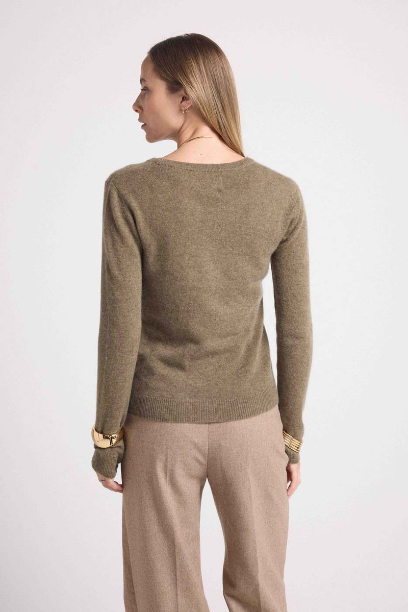 Zara Round Neck Sweater - Khaki - 100% Cashmere Oeko-Tex - Woman