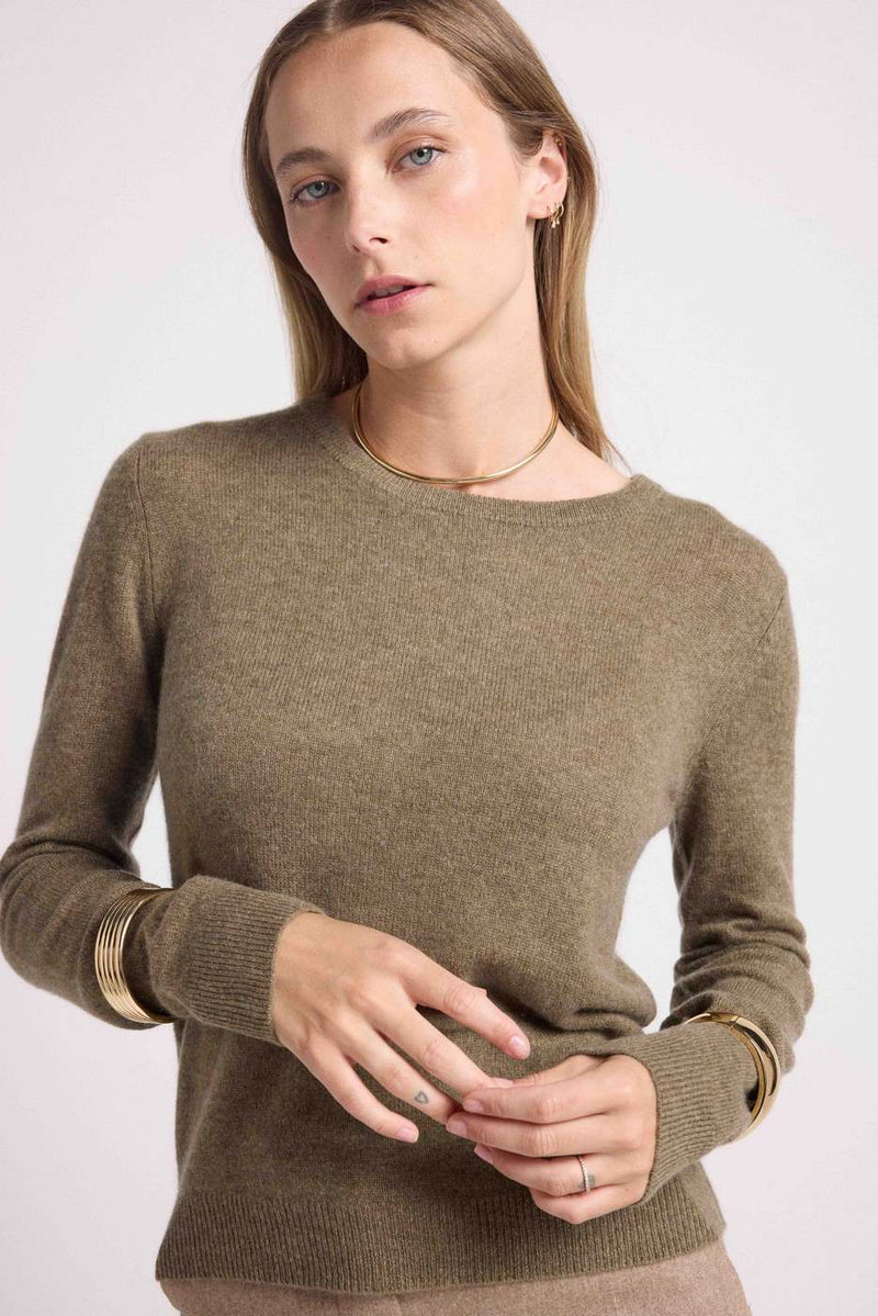 Zara Round Neck Sweater - Khaki - 100% Cashmere Oeko-Tex - Woman