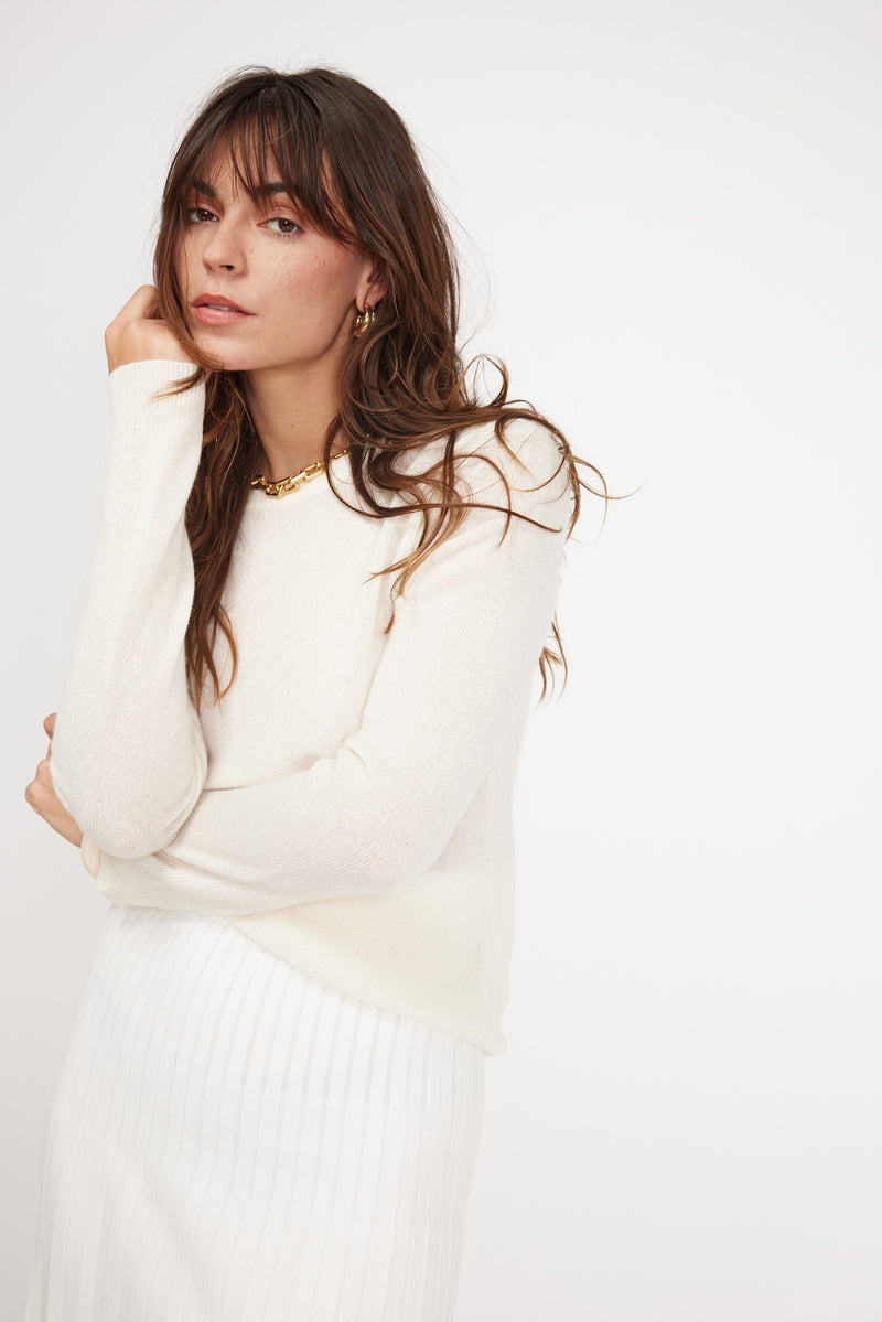 Zara Round Neck Sweater - Ecru - 100% Cashmere Oeko-Tex - Woman