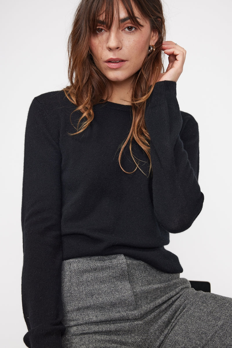 Zara Round Neck Sweater - Black - 100% Cashmere Oeko-Tex - Woman