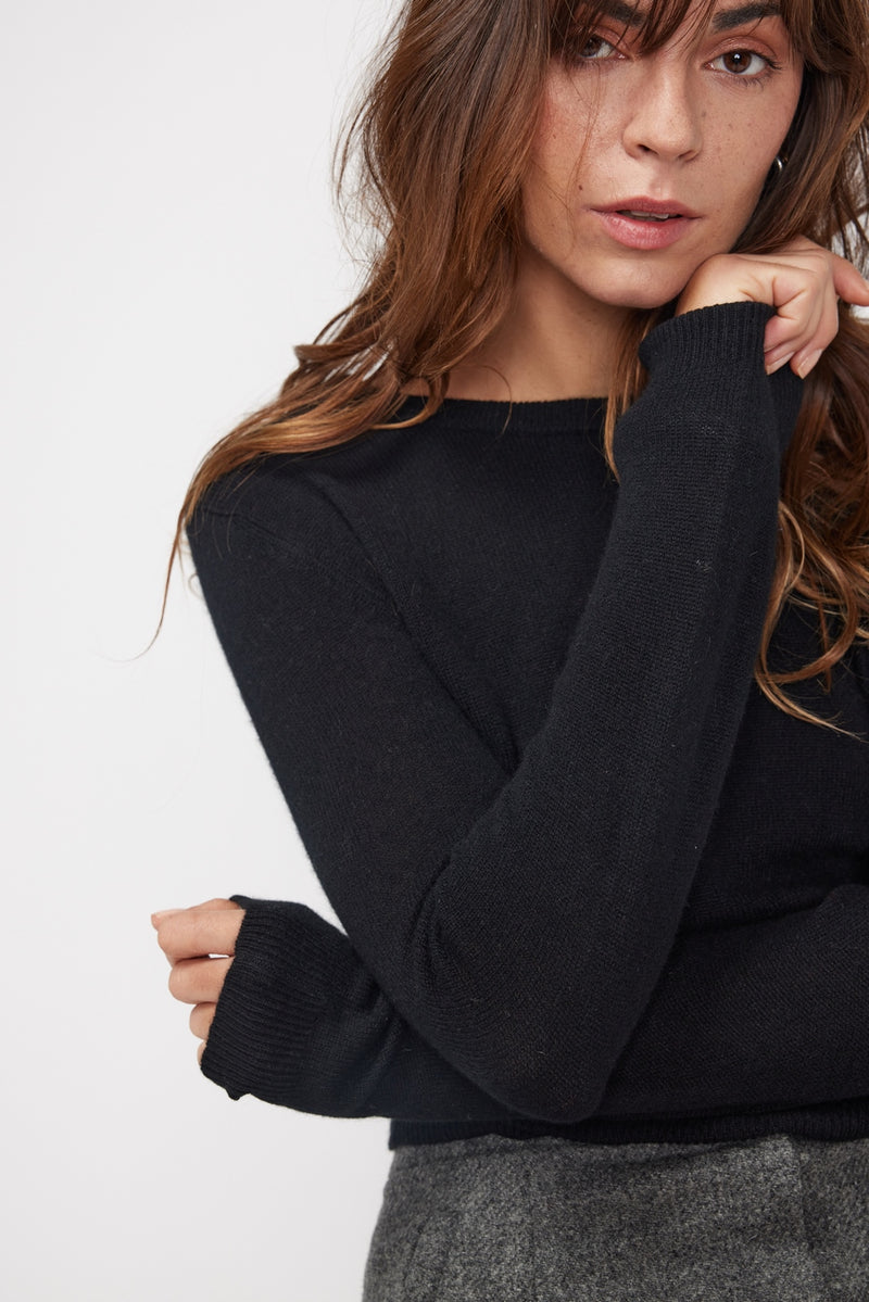 Zara Round Neck Sweater - Black - 100% Cashmere Oeko-Tex - Woman