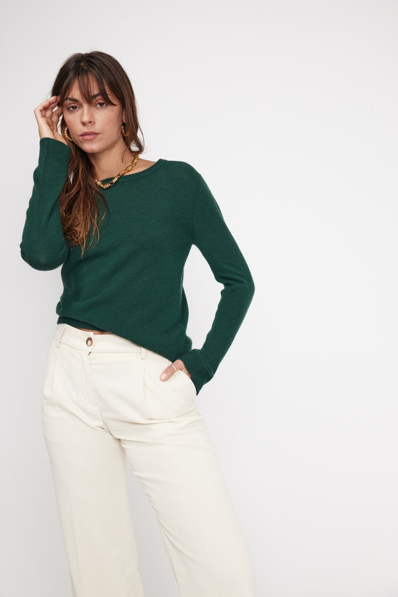 Pull Col Rond Zara - Vert Sapin - 100% Cachemire Oeko-Tex - Femme