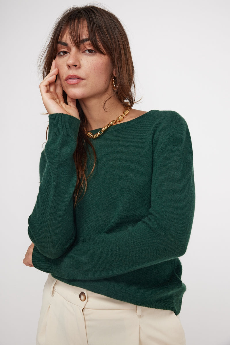 Pull Col Rond Zara - Vert Sapin - 100% Cachemire Oeko-Tex - Femme