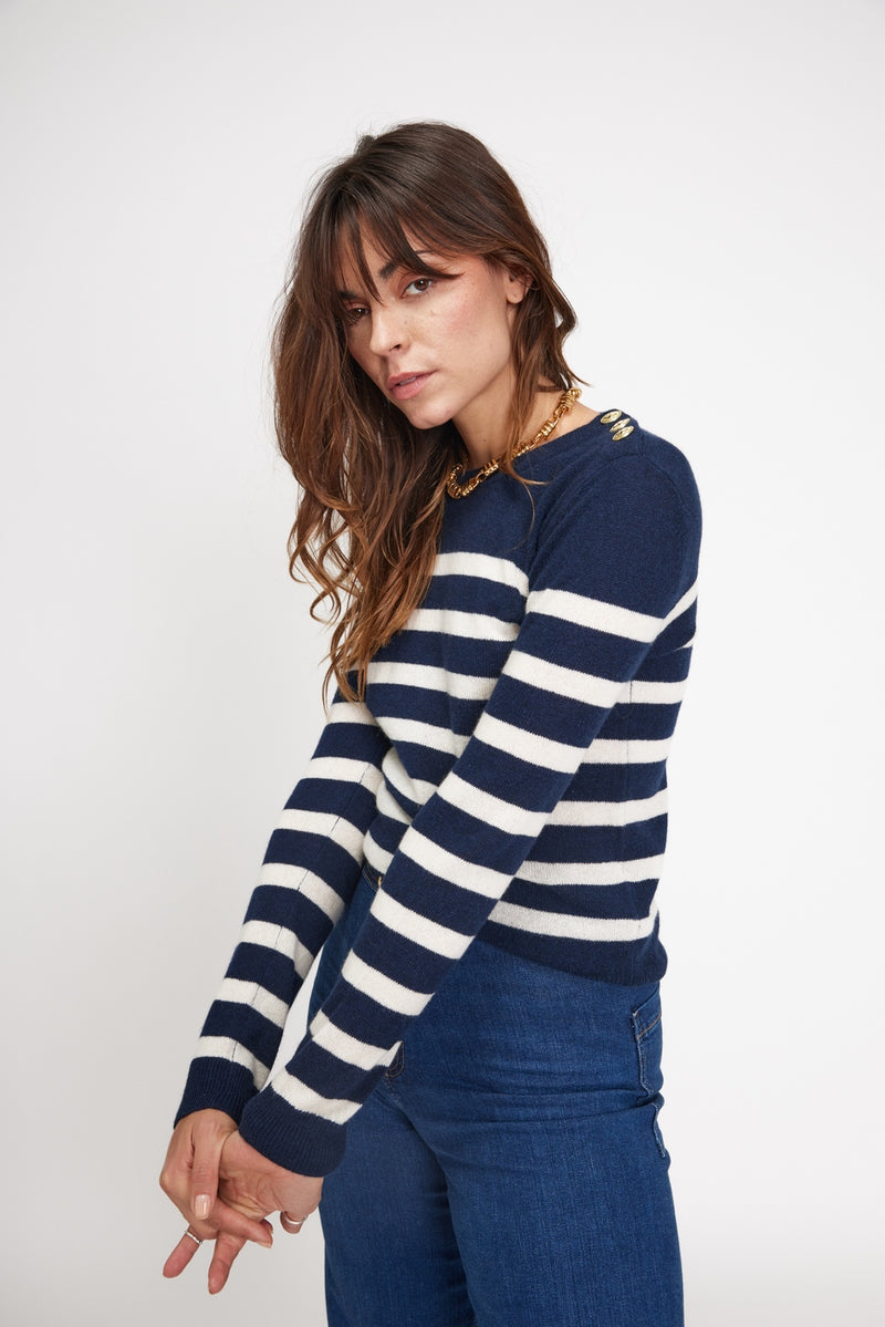 Pull Mariniere Zarol - Bleu Marine Ecru - 100% Cachemire Oeko-Tex - Femme