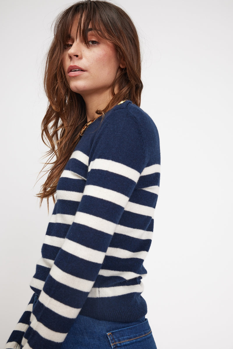 Pull Mariniere Zarol - Bleu Marine Ecru - 100% Cachemire Oeko-Tex - Femme