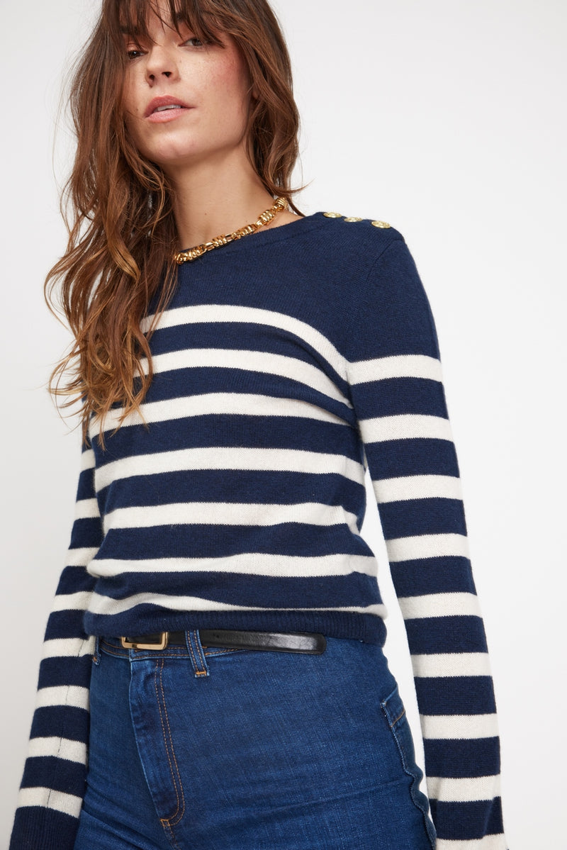 Pull Mariniere Zarol - Bleu Marine Ecru - 100% Cachemire Oeko-Tex - Femme