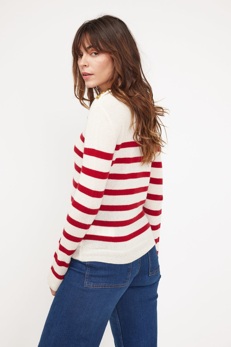 Pull Mariniere Zarol - Ecru Rouge - 100% Cachemire Oeko-Tex - Femme