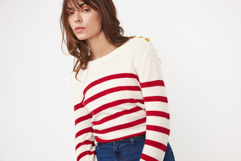 Pull Mariniere Zarol - Ecru Rouge - 100% Cachemire Oeko-Tex - Femme