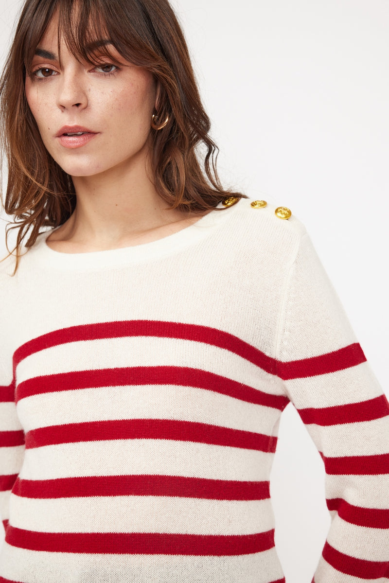 Pull Mariniere Zarol - Ecru Rouge - 100% Cachemire Oeko-Tex - Femme