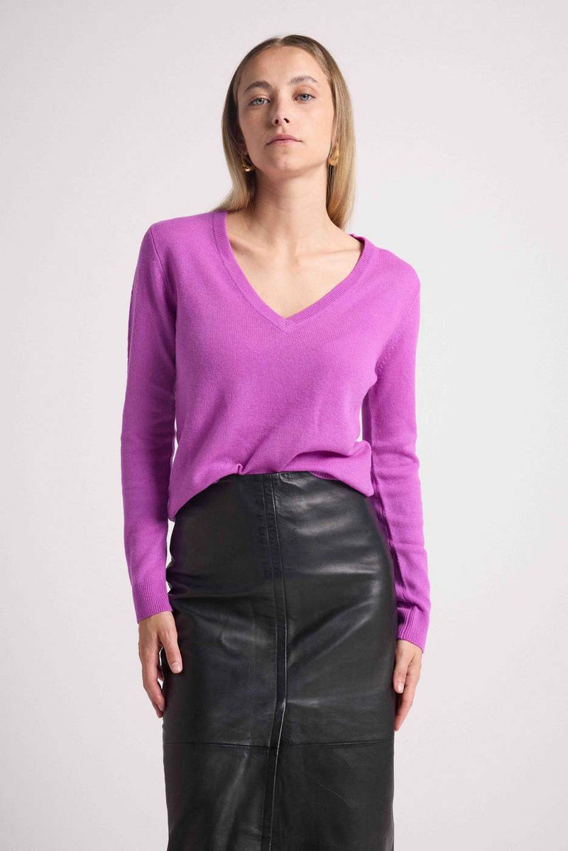 Pull Col V Zefina - Violet - 100% Cachemire Oeko-Tex - Femme