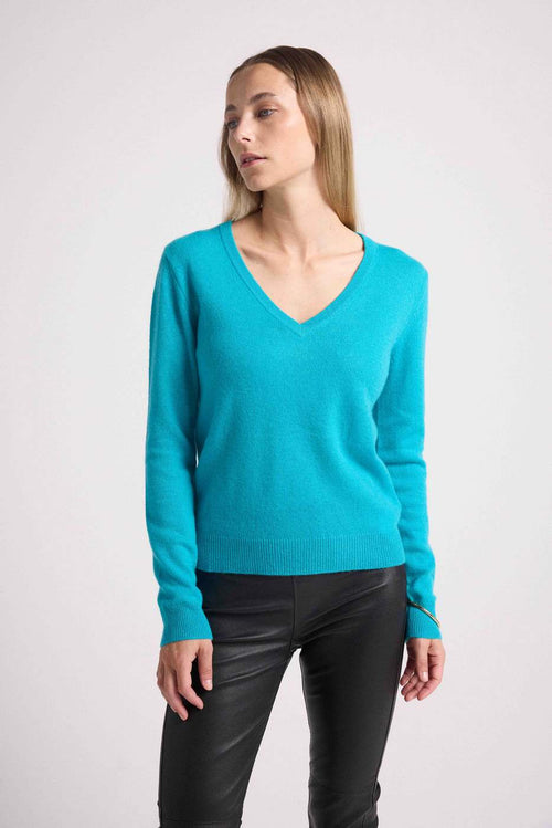 Pull Col V Zefina - Bleu Turquoise - 100% Cachemire Oeko-Tex - Femme