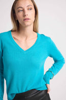 Pull Col V Zefina - Bleu Turquoise - 100% Cachemire Oeko-Tex - Femme