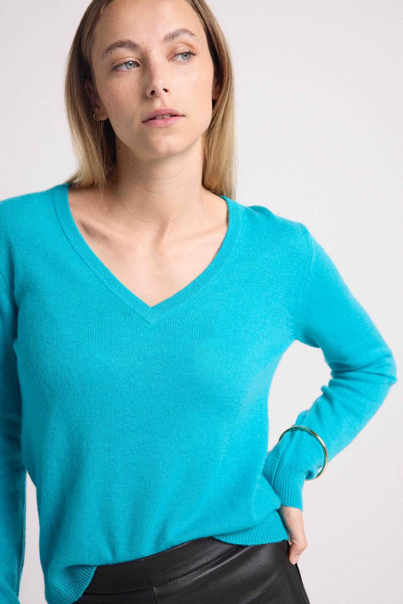 Pull Col V Zefina - Bleu Turquoise - 100% Cachemire Oeko-Tex - Femme