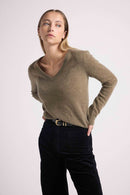 Pull Col V Zefina - Khaki - 100% Cachemire Oeko-Tex - Femme