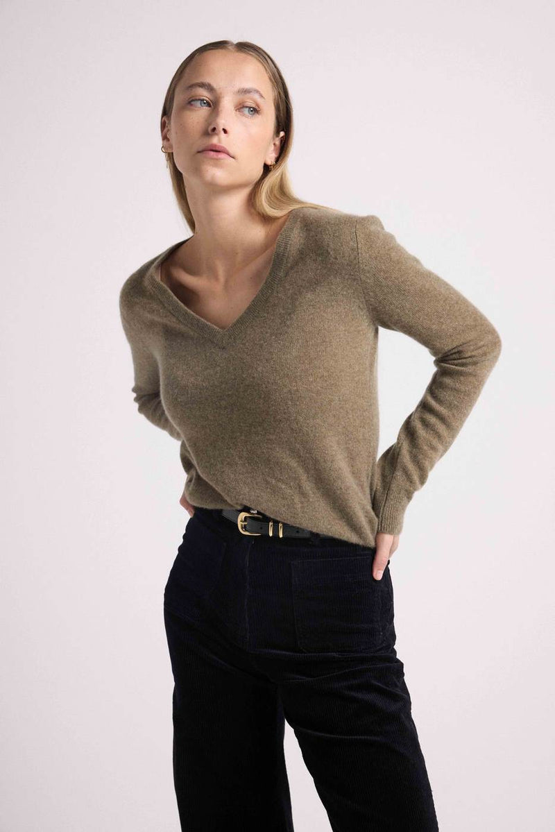 Zefina V-Neck Sweater - Khaki - 100% Cashmere Oeko-Tex - Woman