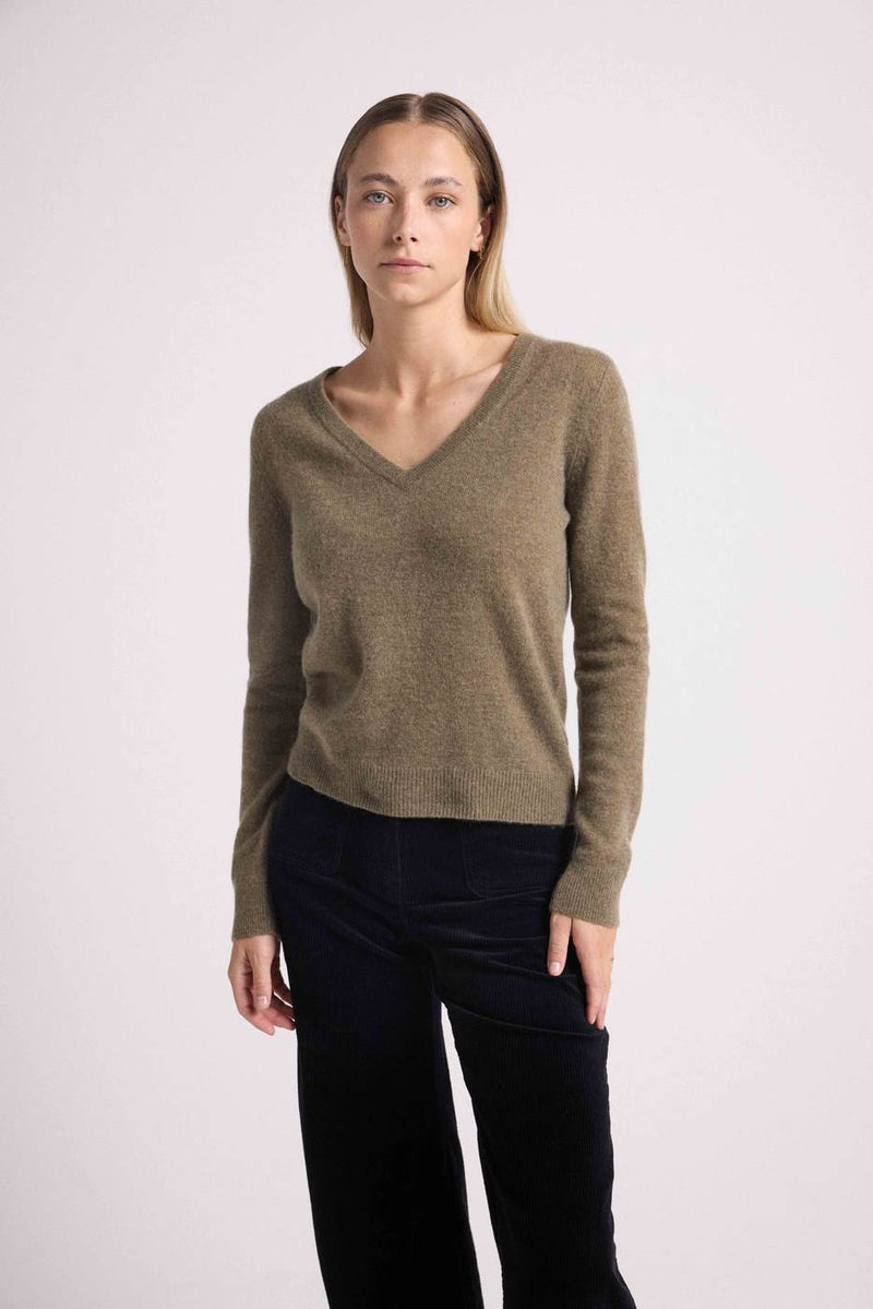 Zefina V-Neck Sweater - Khaki - 100% Cashmere Oeko-Tex - Woman