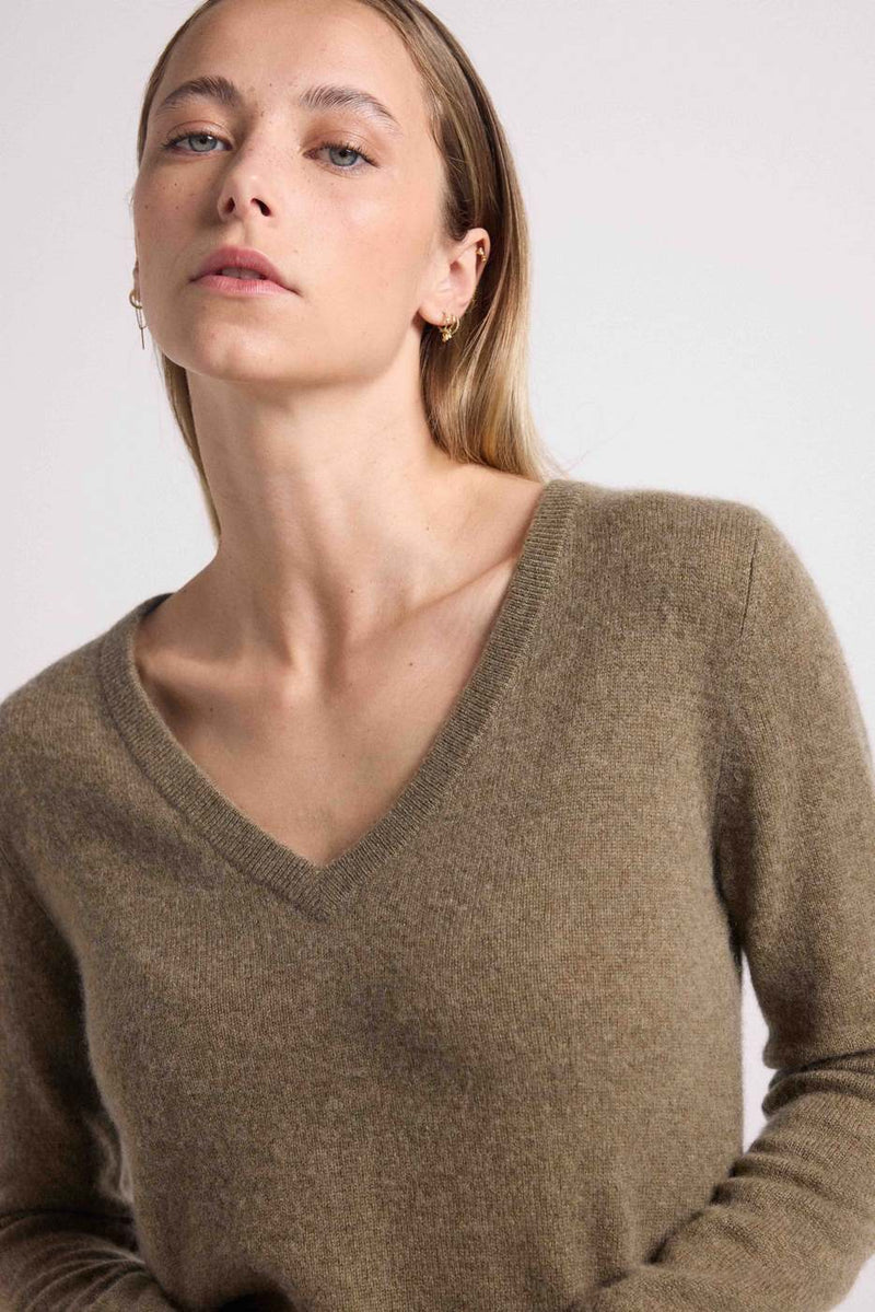 Zefina V-Neck Sweater - Khaki - 100% Cashmere Oeko-Tex - Woman