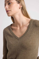 Zefina V-Neck Sweater - Khaki - 100% Cashmere Oeko-Tex - Woman