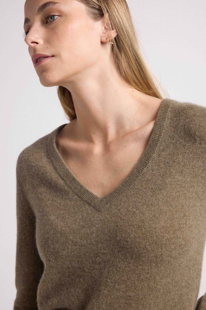 Pull Col V Zefina - Khaki - 100% Cachemire Oeko-Tex - Femme