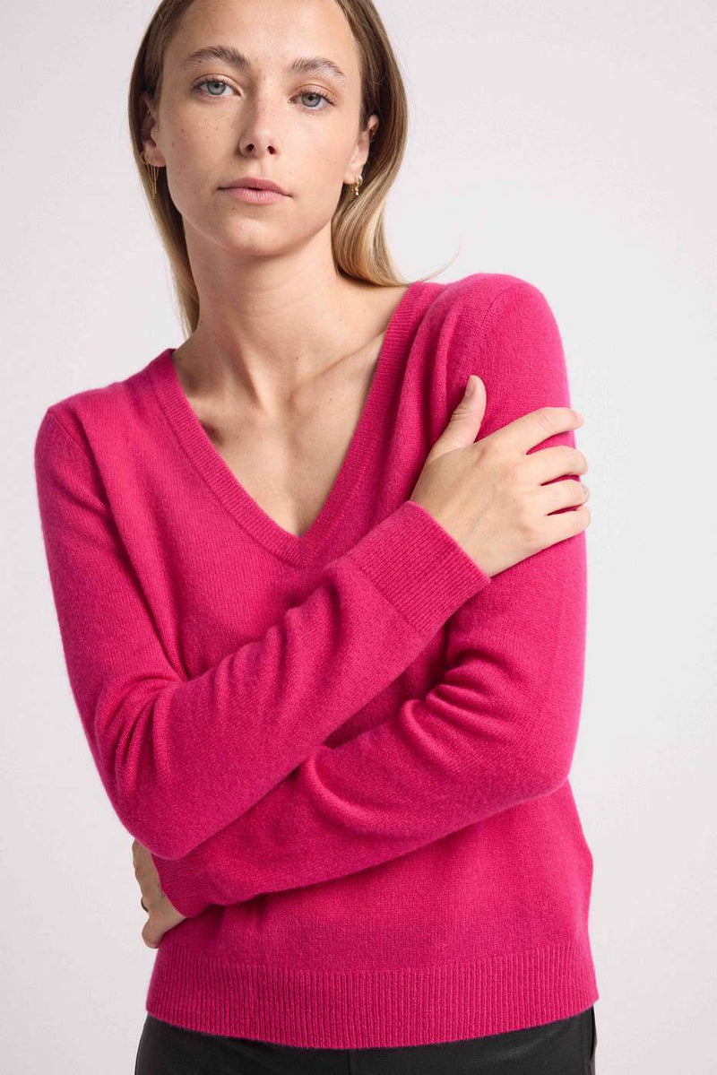 Zefina V-Neck Sweater - Fuchsia - 100% Cashmere Oeko-Tex - Woman