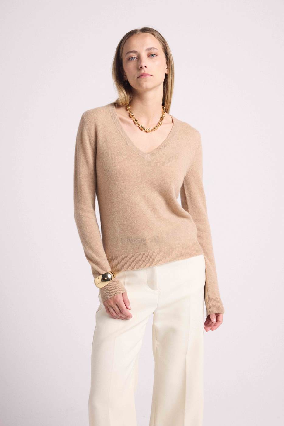 Pull Col V Zefina - Beige Crème